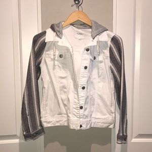 White Jean Jacket with Knit Sleeves